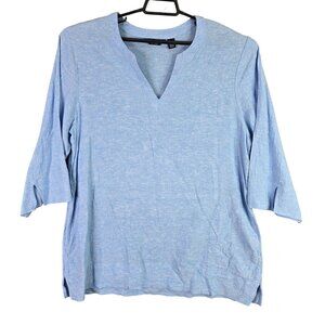 Womens Land's End Blue Linen Viscose Blend Blouse V Neck 3/4 Sleeve Size XL
